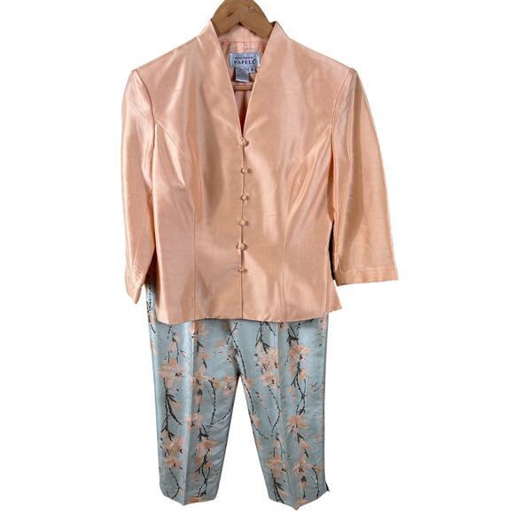 Adrianna Papell Pant Suit Women's Size 6 Peach Silk Floral Bead Asian Inspired - Picture 1 of 16